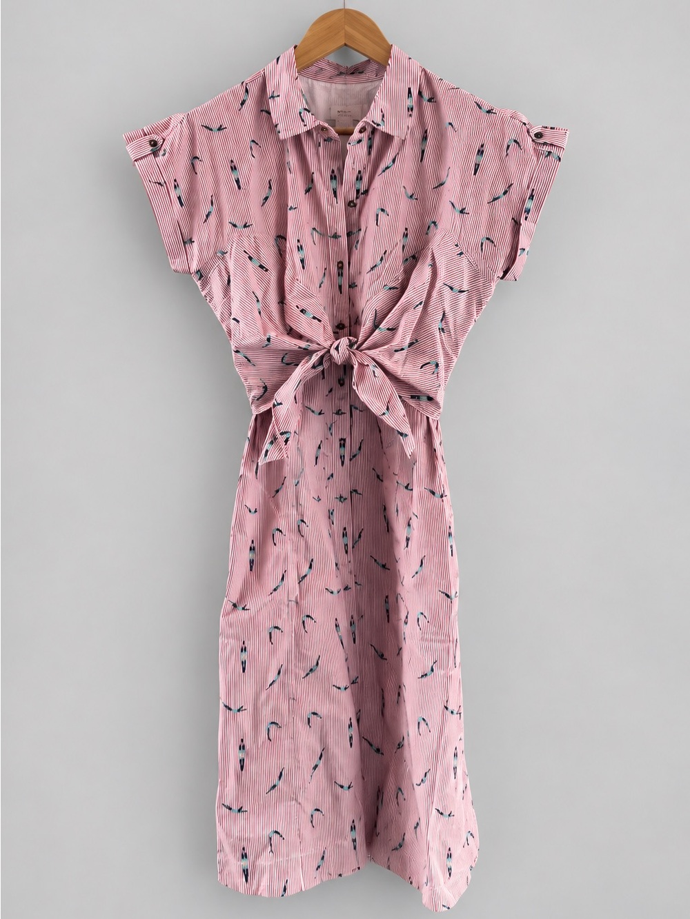 Anthropologie Maeve Diver Print Stripe Tie Front Shirt Dress Size 14